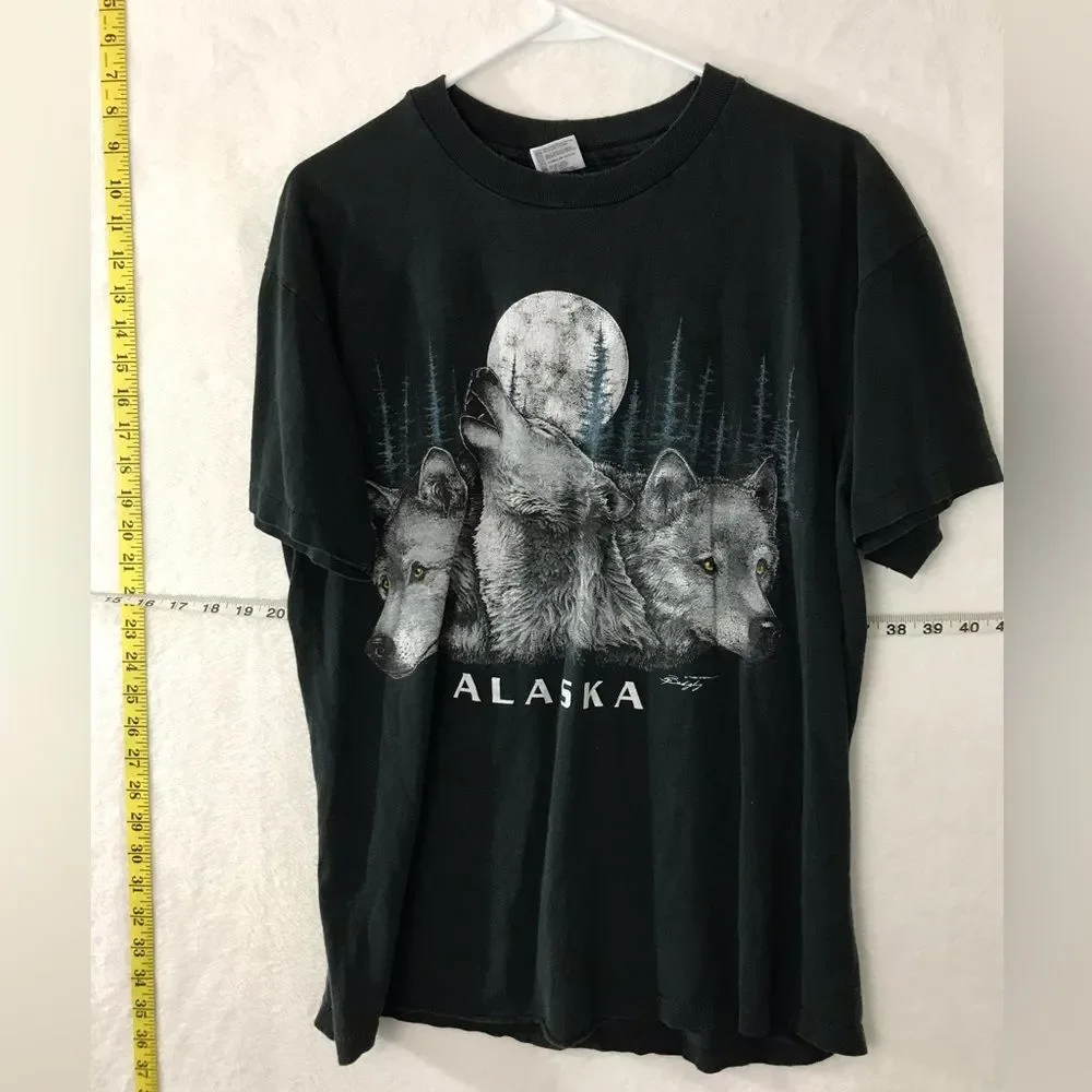 Vintage Y2K Wolf Alaska Tee Shirt Black Mens Sz Large Anvil Tag